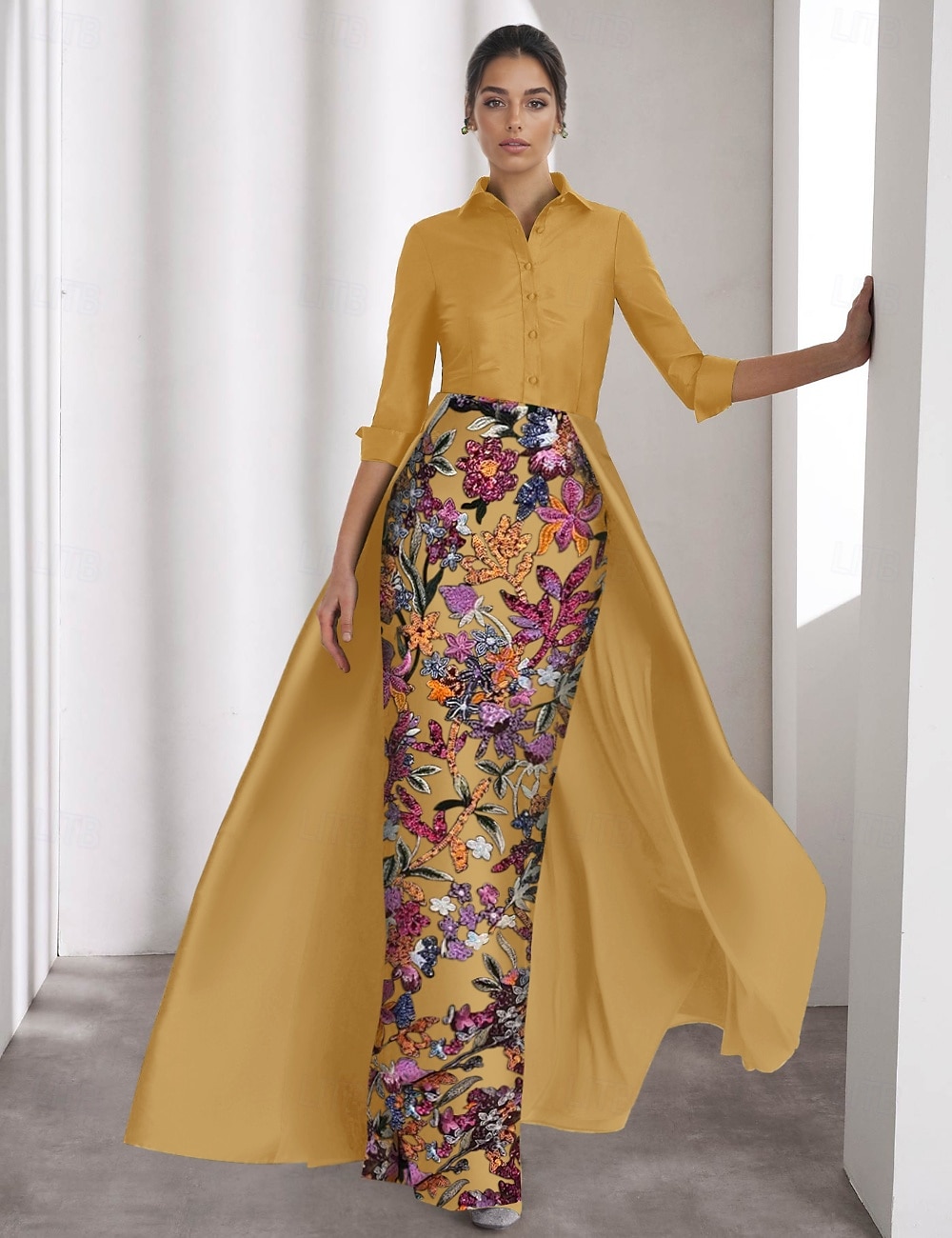 Mustat solmuke a-linjainen iltapuku elegantti mekko muodollinen häävieras lattianpituinen pitkät hihat kauluspaita satiini halkio kirjonta applikaatiot 2025 - $162.99 –P5