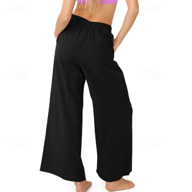 Dame Linbukser i bomull Frekk Bukser Mote Gatemote Full lengde Naturlig عادي Lomme Elastisk midje comfy Utendørs Bekvem utendørs Ferie Aprikos Grå Svart Hvit Sommer Normal 2025 - $24.99 –P6