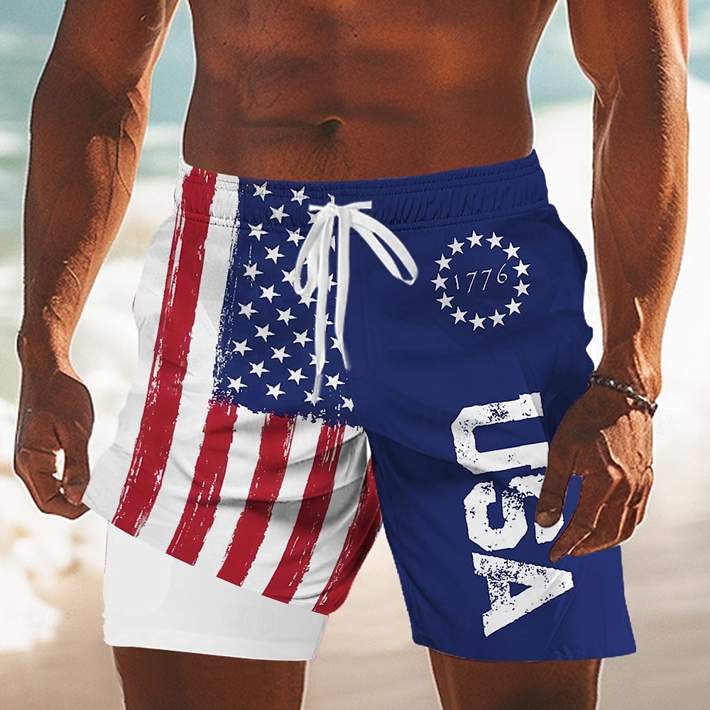 Independence Day Men's US Flag Patriotic Lined Shorts 2 in 1 Board Shorts Swim Trunks Mid Waist Holiday Side Pockets With Compression Liner Elastic Drawstring Waist Designer Clothing Apparel 2025 - $21.99 –P1