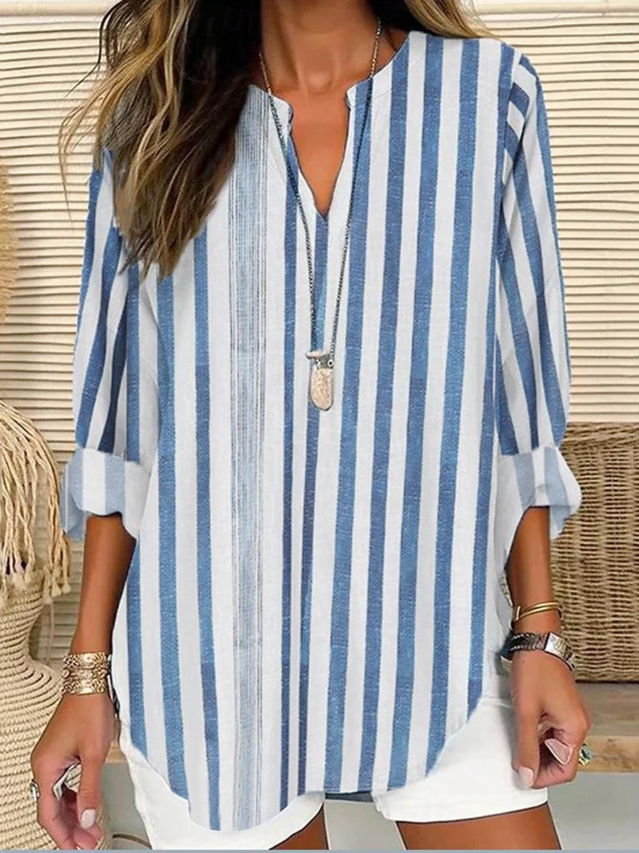 Damenbluse Langarm Tunika Tops Graphic Geometrisch Gestreift Vintage Tropical Hawaiian V-Ausschnitt Reguläre Tops Tägliche Urlaub Strandbekleidung Druck Blau Grau Sommer Frühling 2025 - $24.99 –P2