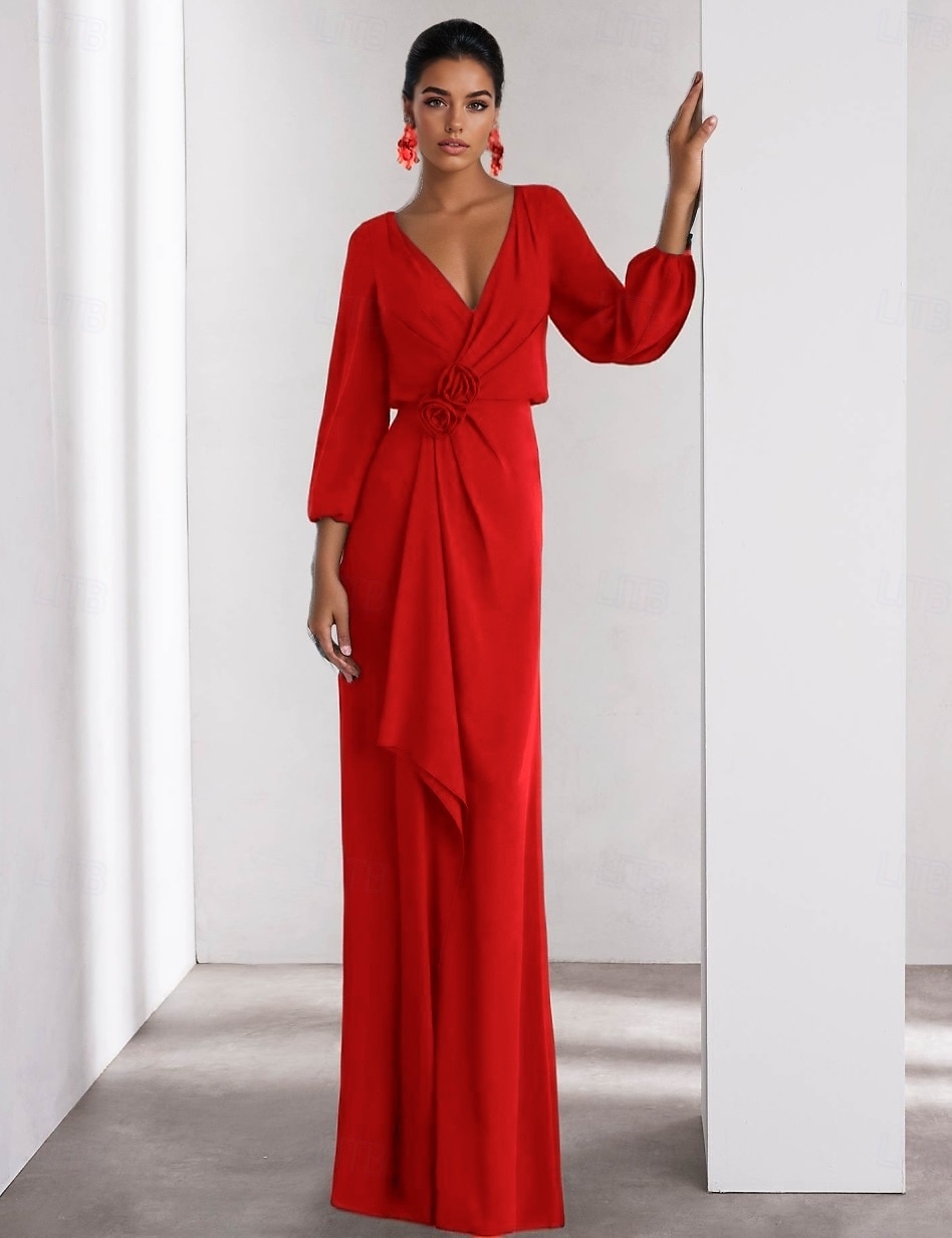 Linea ad A Abito da Sera Elegante Vestito Formale Matrimonio Lunghezza al pavimento Manica Lunga Scollo a V Crepe Elasticizzato con Volant 2025 del 2025 a $137.99 –P7