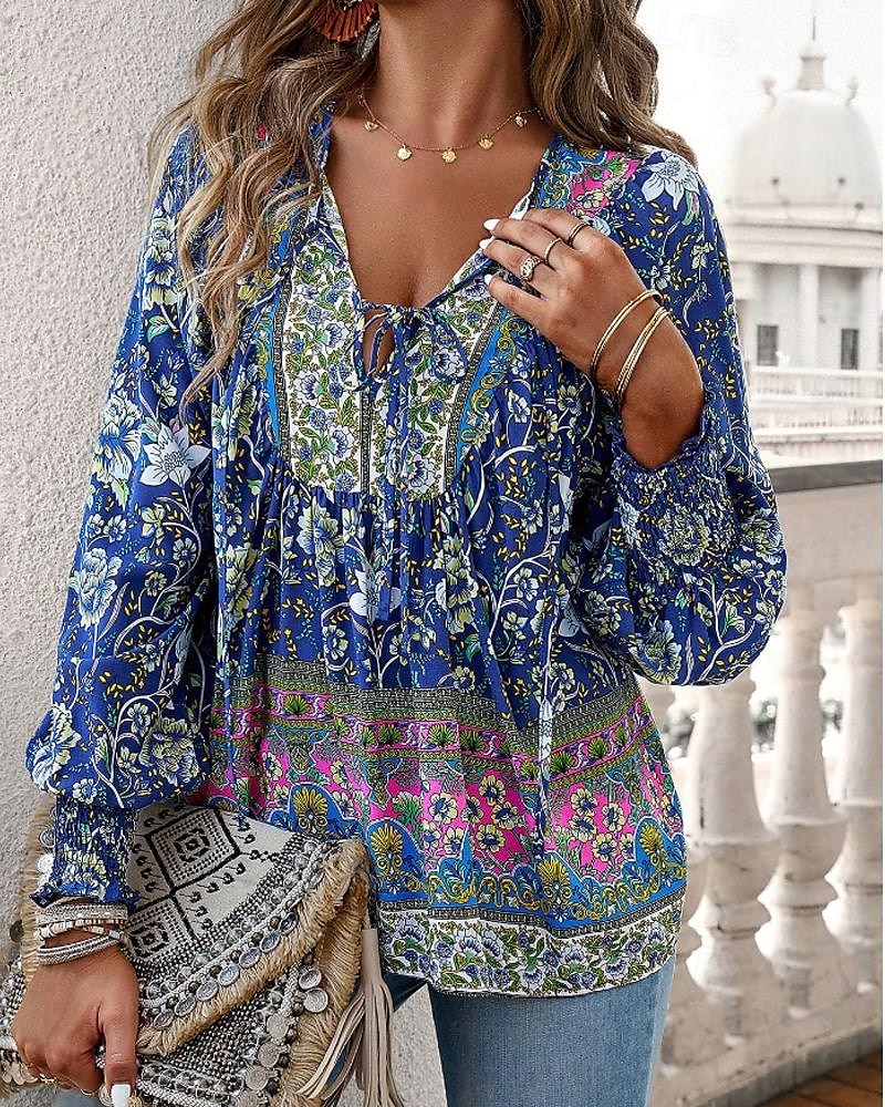 Women's Boho Shirt Blouse Flower Modern Boho Long Sleeve V Neck Regular Tops Daily Going out Print Yellow Pink Navy Blue Blue Orange Summer 2025 - $22.99 –P12