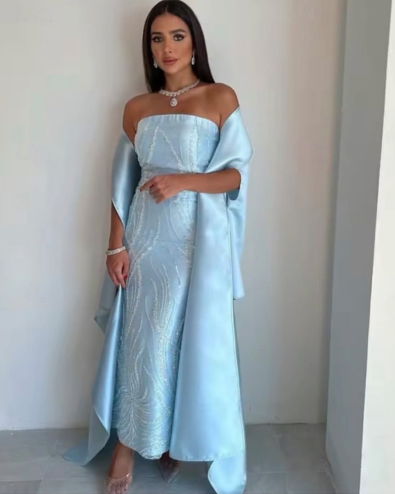 Sky Blue Beaded Gown Cape Dress Sheath / Column Evening Gown Elegant Dress Semi Formal Wedding Wedding Guest Dress Floor Length Sleeveless Strapless Satin 2025 - $155.99 –P4