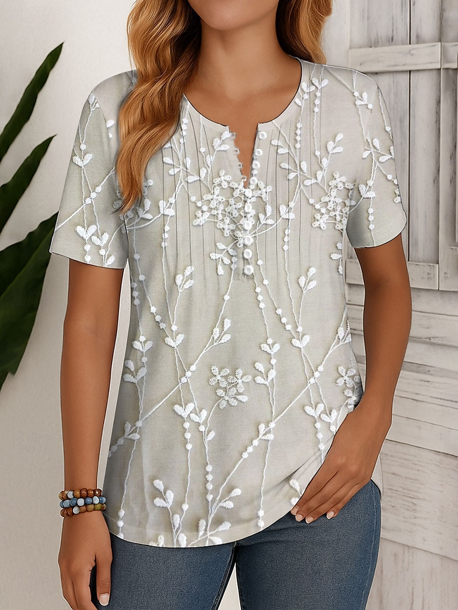 Femmes T-shirt Fleuri Graphique ancien Élégant Classique Manche Courte Col rond Hauts Réguliers Quotidien Week-end Tenue de plage Boutons Smocké Imprimé Bleu Blanc Ecru Été Printemps de 2025 ? $27.99 –P1