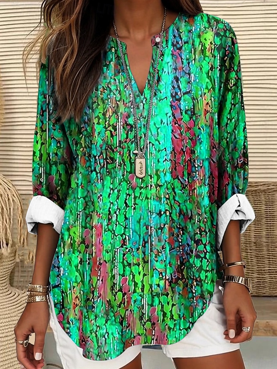 Dame Bluse Blomstret Grafisk Årgang Daglig Langermet V-hals Vanlige topper Daglig Ferie Strand Klær Trykt mønster Rød Blå Lilla Grønn Sommer Vår 2025 - $24.99 –P3