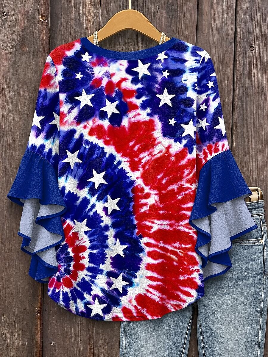 Women's Patriotic  Blouse Layered Ruffle Sleeve Tops Graphic Flag Bohemia Vintage Ethnic 3/4 Length Sleeve V Neck Tops Daily Holiday Vacation Wear Print Red Royal 2025 - $29.99 –P2