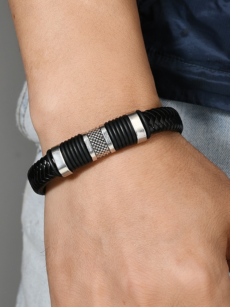 Bracciale da uomo in similpelle intrecciata con chiusura in acciaio inossidabile – cinturino regolabile in stile vintage per abbigliamento casual, quotidiano e come regalo del 2025 a $9.99 –P1