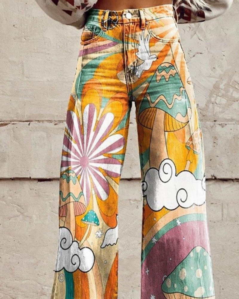 Damen Stoffhosen Mode Streetwear Volle Länge Natürliche Taille Blume Tasche Drucken Bequem Außenbereich Straße Ausgehen Gelb Sommer Normale Passform 2025 - $22.99 –P2