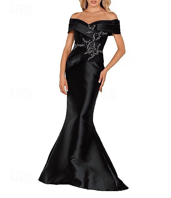 Meerjungfrau  Trompete Abendkleid Elegantes Kleid Formelle Hochzeit Bodenlang Ärmellos Offene Schulter Satin mit Perlen 2025 - $158.99 –P5