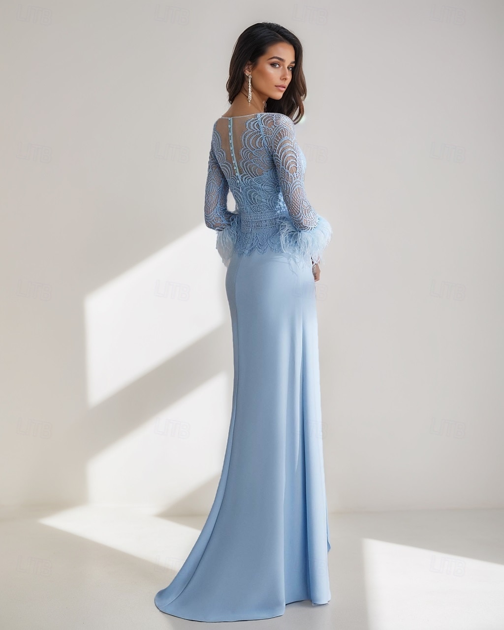 Modré A-line večerní šaty Elegantní Šaty Formální Svatební Délka Podlahy Dlouhý Rukáv Posádka Krk Chiffon s Peřím 2025 - $153.99 –P2