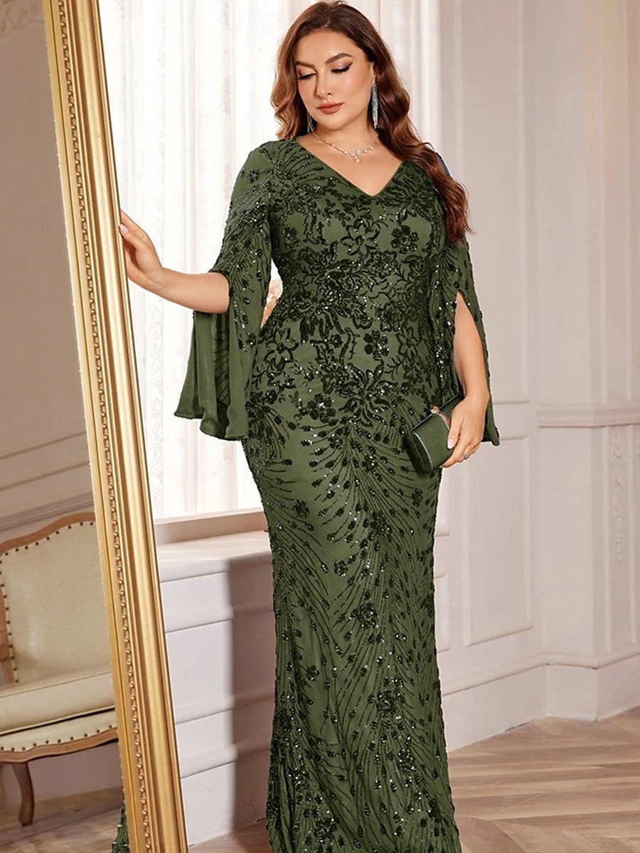 Abiti Plus Size Sirena  Tromba Elegante Abito Curvilineo Formale Matrimonio Lunghezza Piena a Manica Lunga con Scollatura a V in Paillettes con Paillettes del 2025 a $159.99 –P9