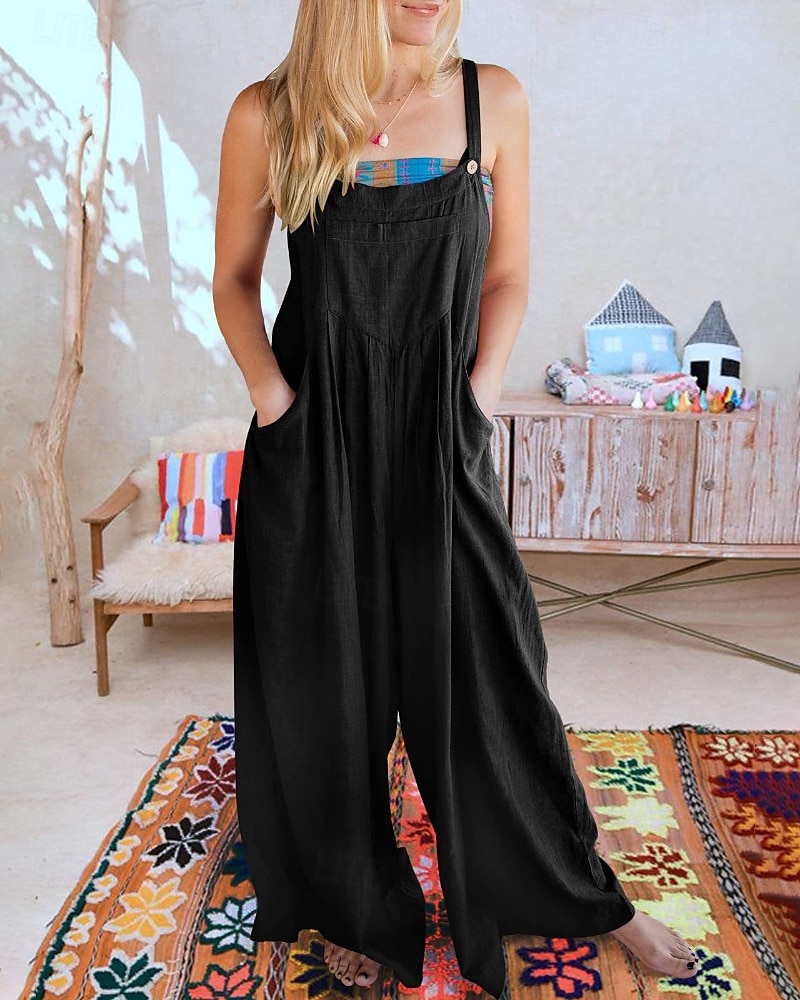 salopetă salopetă damă salopetă streetwear culoare uni fără mâneci decolteu în U buzunar stradă ieșire croială standard negru alb galben vară 2025 - $31.99 –P5