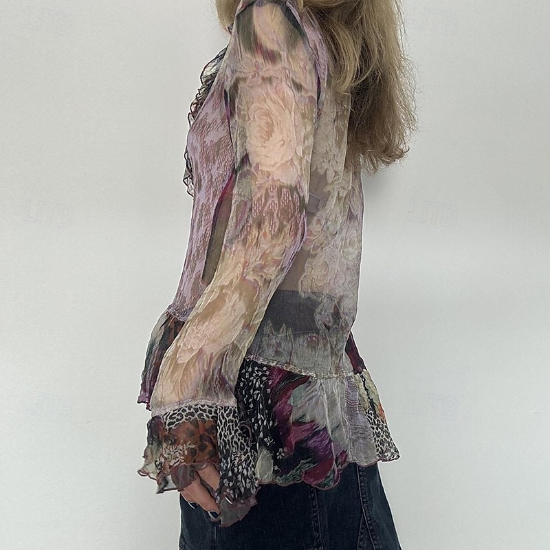 Damen Boho-Hemd Bluse Blume Modern Boho Langarm V Ausschnitt Normale Oberteile Täglich Ferien Netz Druck Purpur Sommer 2025 - $21.99 –P6
