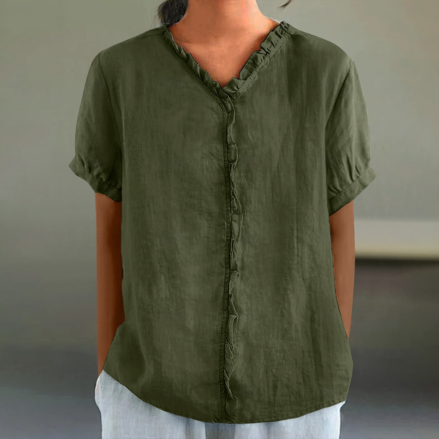 Chemisier en coton et lin pour femme, couleur unie, élégant, décontracté, manches courtes, col en V, régulier, quotidien, vacances, plissé, noir, blanc, rose, violet, vert, été de 2025 ? $23.99 –P7