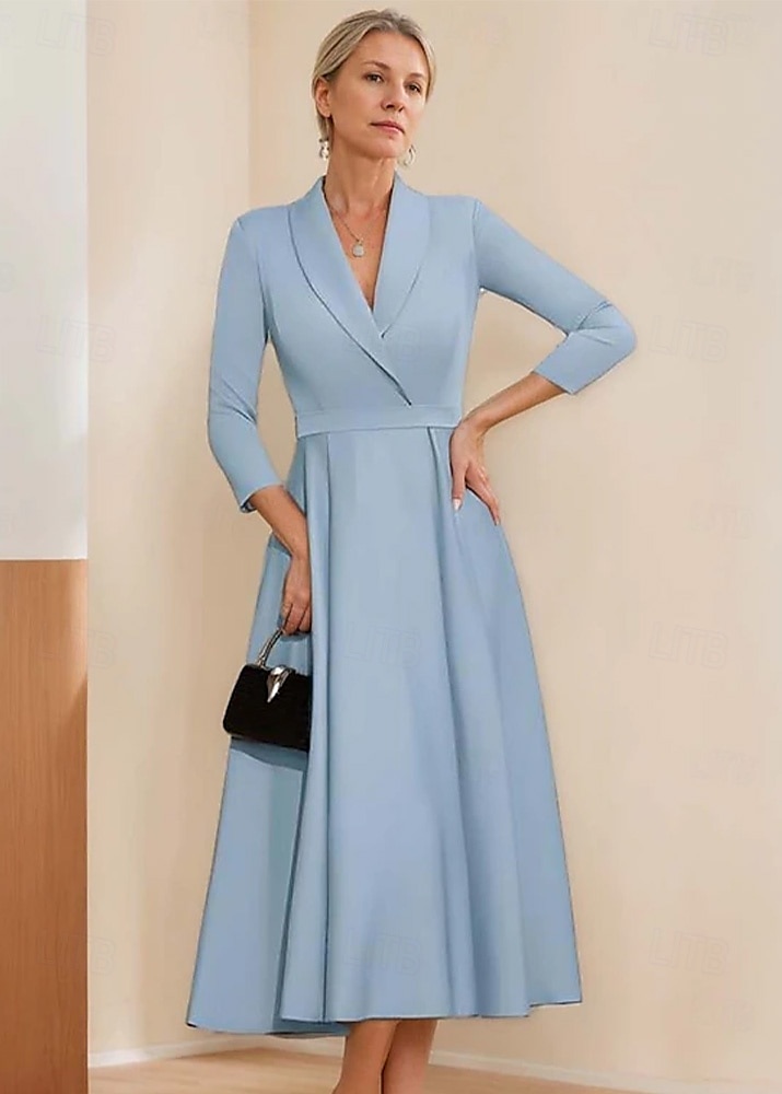 vestido blazer linha a mãe da noiva vestido crepe elegante simples lapela decote comprimento chá cetim manga 3/4 com cor sólida 2025 de 2025 por $169.99 –P1