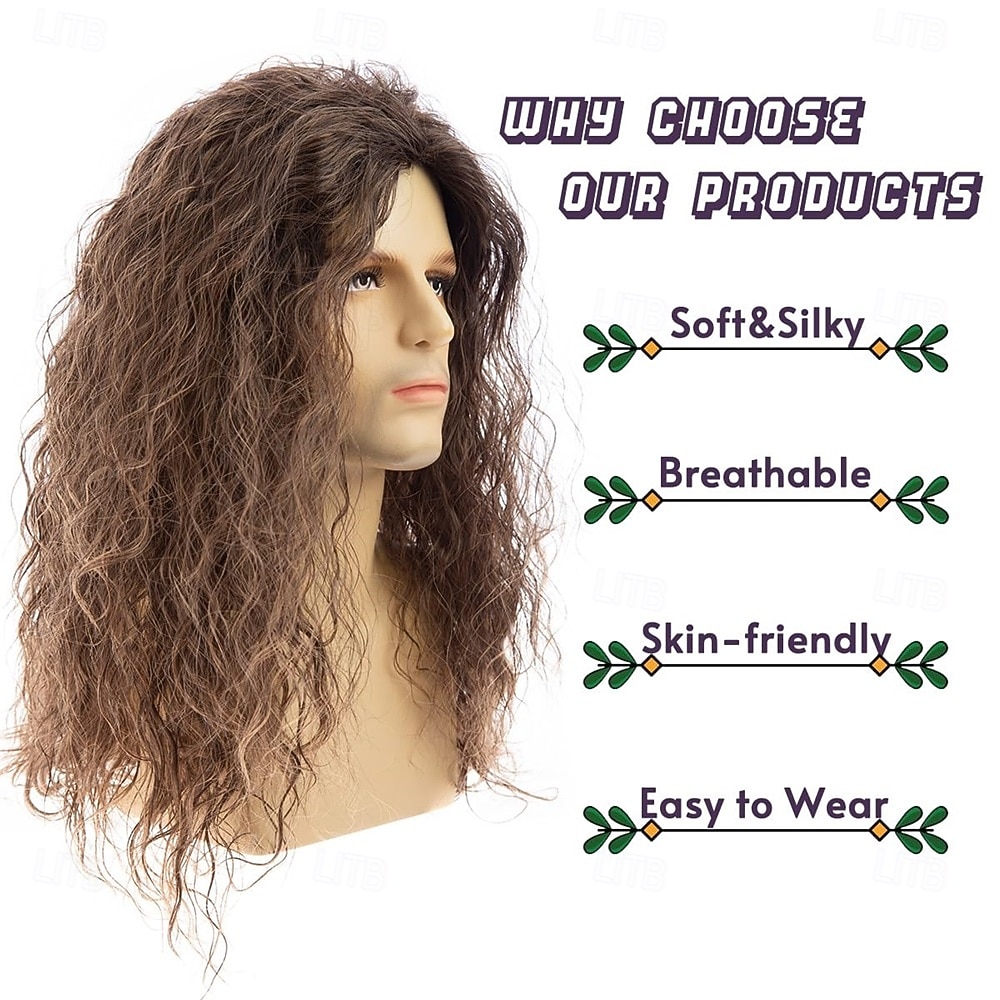 Mens Long Curly Brown Wig Synthetic Hair 70s 80s Rocker Cosplay Costume Halloween Party Wigs 2025 - $27.99 –P3