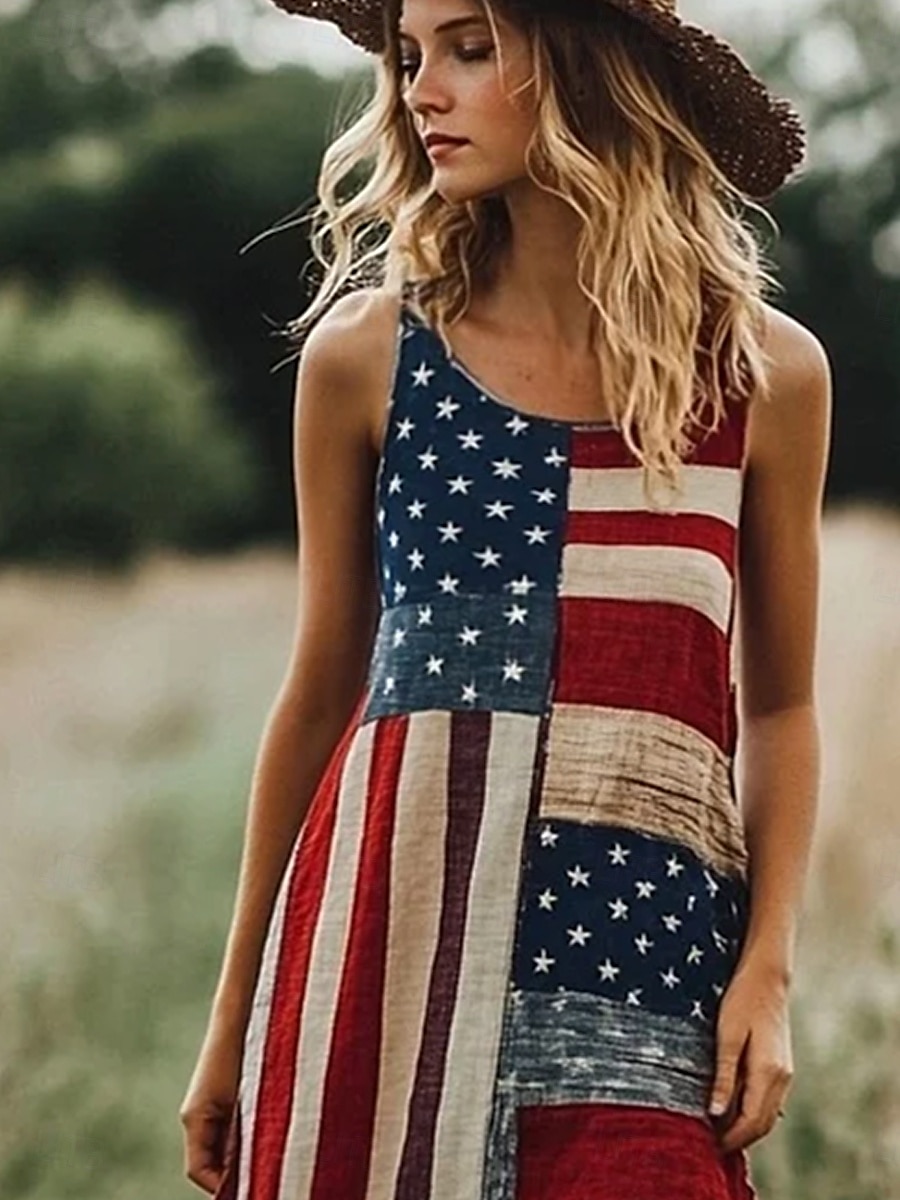 Robe maxi patriote pour femmes robe en A robe hors épaules vacances décontractée fête rue coupe regular graphique drapeau sans manches col carré col rond rouge bleu de 2025 ? $25.99 –P2
