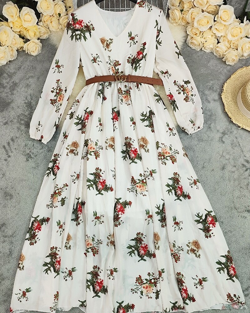 Dame Lang kjole Maxikjole Boho-kjole Western kjole Mote Moderne utendørs Feriereise Ut på byen Normal Blomsternål i krystall Langermet V-hals Elfenben Sommer 2025 - $30.99 –P2