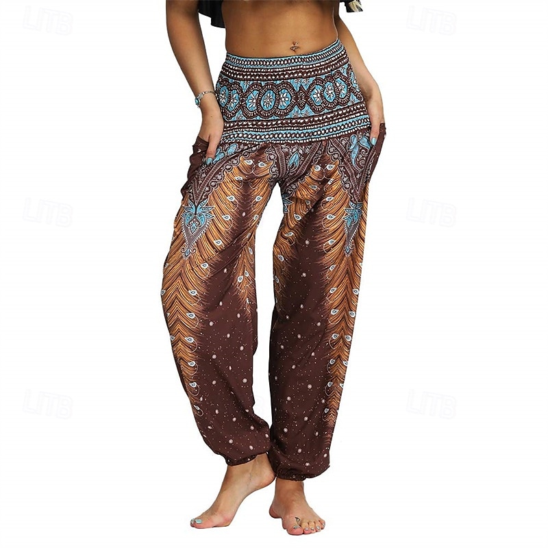 Retro Antiguo Boho Años 70 Pantalones Harem Pantalones de yoga Hippie Cintura elástica Pavo real Plumas Mujer Víspera de Todos los Santos Carnaval vacaciones en la playa Fiesta temática retro Festival 2025 - $27.99 –P1