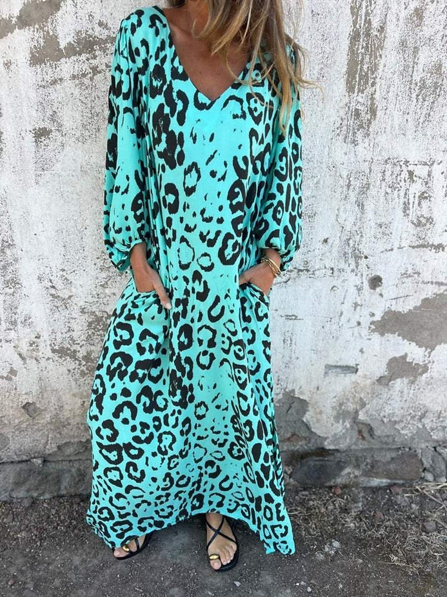 Damen Maxikleid A Linie Kleid Lässig Outdoor Ausgehen Normale Passform Leopard Langarm V Ausschnitt Weiß Himmelblau Dunkelgrün Grün Sommer 2025 - $21.99 –P3