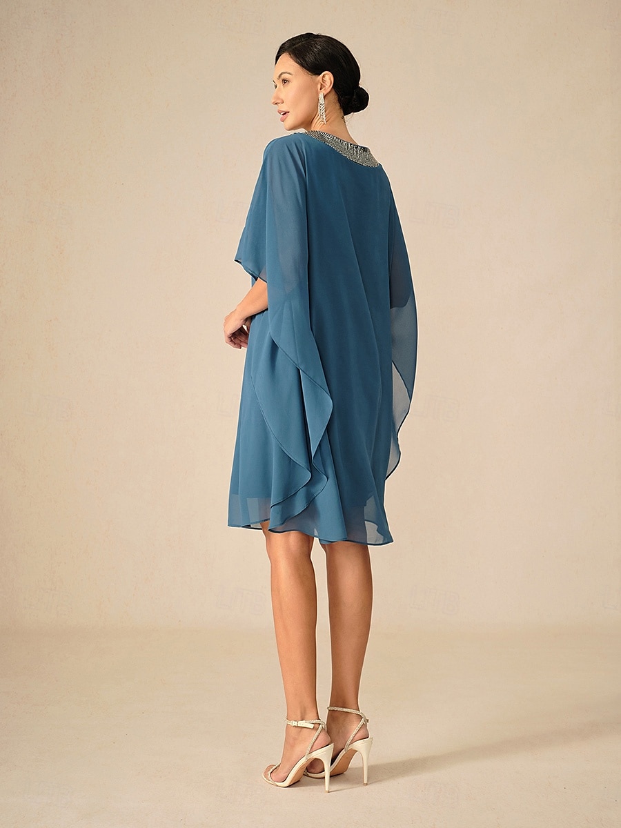 Damen Knielanges Kleid Chiffonkleid Elegant Party Einfarbig Halbarm Rundhalsausschnitt Blau Sommer Frühling Herbst 2025 - $79.99 –P2