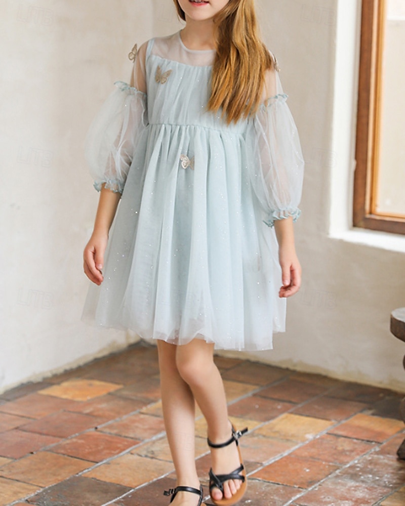 Enfants Fille Robe Couleur Unie Manche 3/4 Extérieur Maille Adorable Coton Mi-long Robe Décontractée Robe en Tulle Été 4 ans et + Bleu Ciel de 2025 ? $77.99 –P4