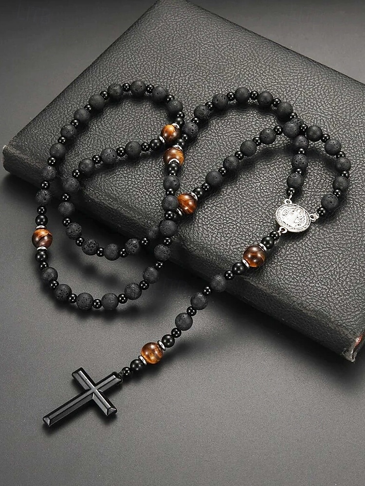 мужское ожерелье с крестом из черного лавового камня и тигрового глаза – духовное ожерелье из нержавеющей стали с бусинами регулируемой длины, идеальный подарок на день отца для повседневной и религиозной носки 2026 - $18.99 –P3