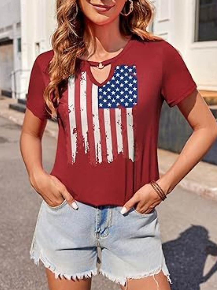 Vrouwen Blouse Vlag Stijlvol Casual Korte Mouw Crewneck Regelmatige Tops Dagelijks Print Zwart Rood Marineblauw Zomer 2025 - $19.99 –P2