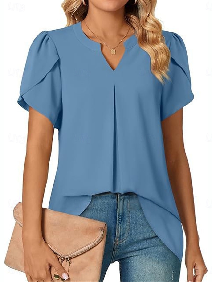 Femmes Chemisier Couleur Unie Élégant Basique Occasionnel Manche Courte Col en V Hauts Réguliers Quotidien Noir Blanche Bleu Vert Abricot Été de 2025 ? $19.99 –P13