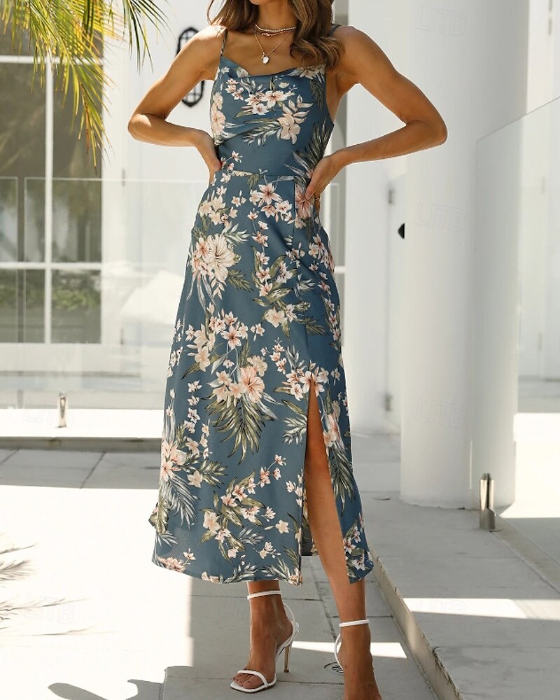 Women's Midi Dress Floral Dress Boho Dress Print Dress Fashion Classic Outdoor Vacation Holiday Regular Fit Flower Sleeveless Spaghetti Strap Pink Navy Blue Orange Summer 2025 - $25.99 –P2