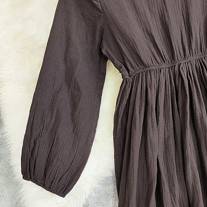Damen Midikleid Freizeitkleid Baumwoll-Leinenkleid Mode Modern Urlaub Täglich Ferien Normale Passform Einfach Langarm V Ausschnitt Braun Sommer 2025 - $29.99 –P5