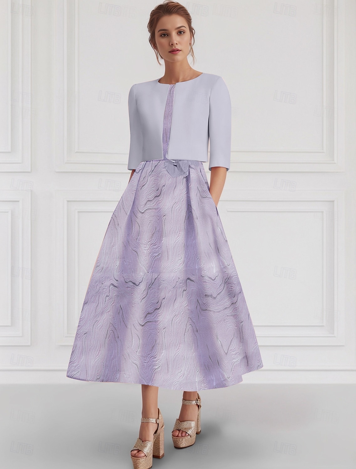 А-силуэт Ниже колена Свадебное платье для гостей Платье для матери невесты Без рукавов Рукав 3/4 Квадратный вырез Элегантный стиль Вечеринка в саду Свадьба Официальные Стретч-креп с Карман 2026 - $167.99 –P2