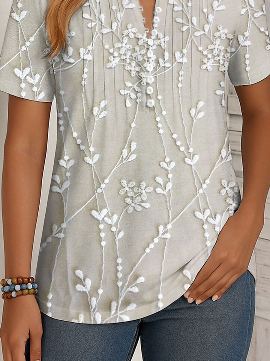 Femmes T-shirt Fleuri Graphique ancien Élégant Classique Manche Courte Col rond Hauts Réguliers Quotidien Week-end Tenue de plage Boutons Smocké Imprimé Bleu Blanc Ecru Été Printemps de 2025 ? $27.99 –P3