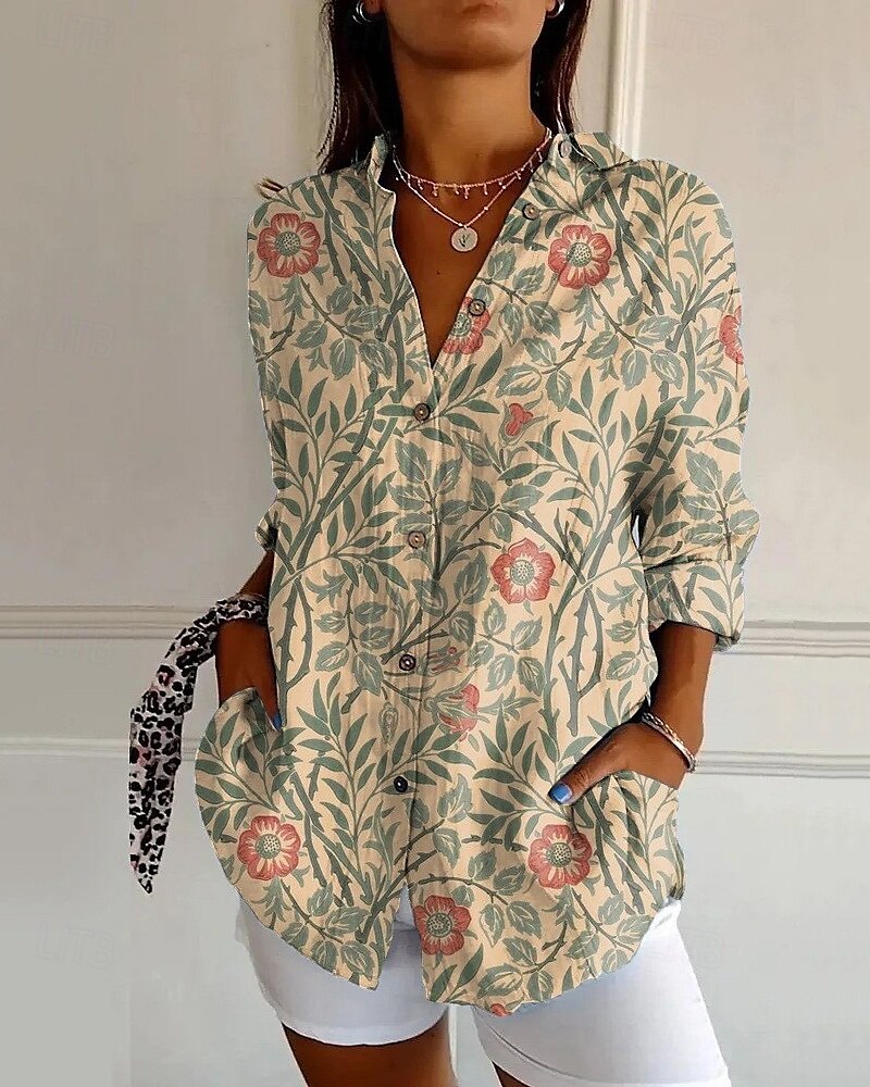 Femmes Chemise Fleur Quotidien Élégant Basique Demi Manches Col en V Hauts Réguliers Quotidien Fête Imprimé Blanche Bleu Beige Printemps Automne de 2025 ? $25.99 –P2