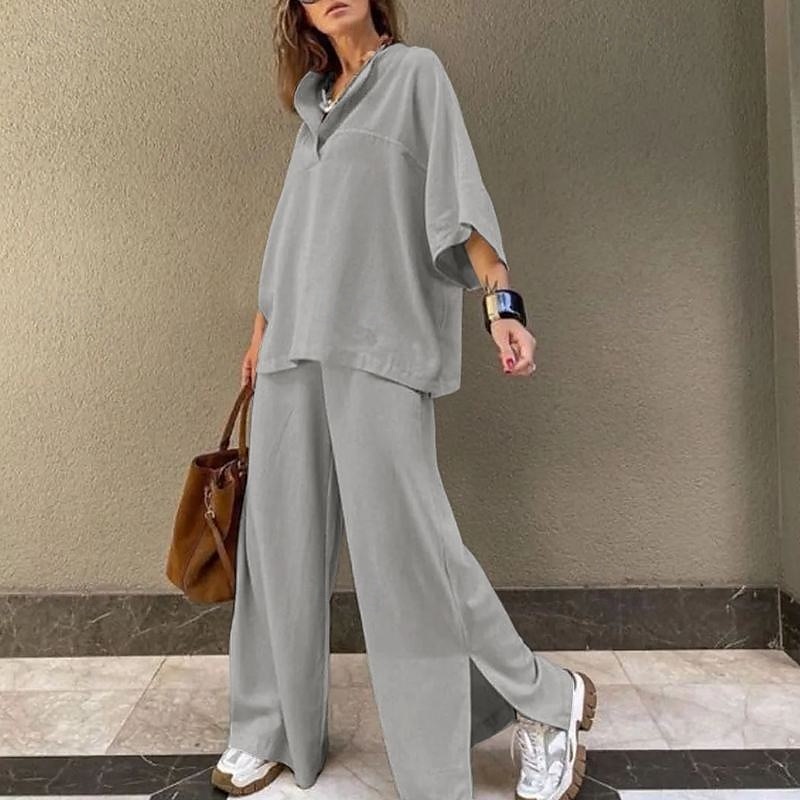 Femmes Mode Streetwear Chemises en coton et lin Ensembles en coton et lin Ensembles de Pantalons Manche 3/4 Col en V Uni Tenue quotidienne Date Blanche Beige Été Coupe régulière de 2025 ? $40.99 –P4