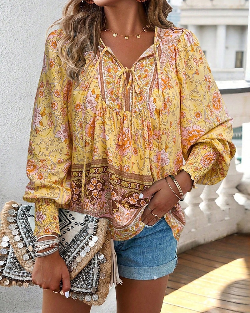 Women's Boho Shirt Blouse Flower Modern Boho Long Sleeve V Neck Regular Tops Daily Going out Print Yellow Pink Navy Blue Blue Orange Summer 2025 - $22.99 –P1
