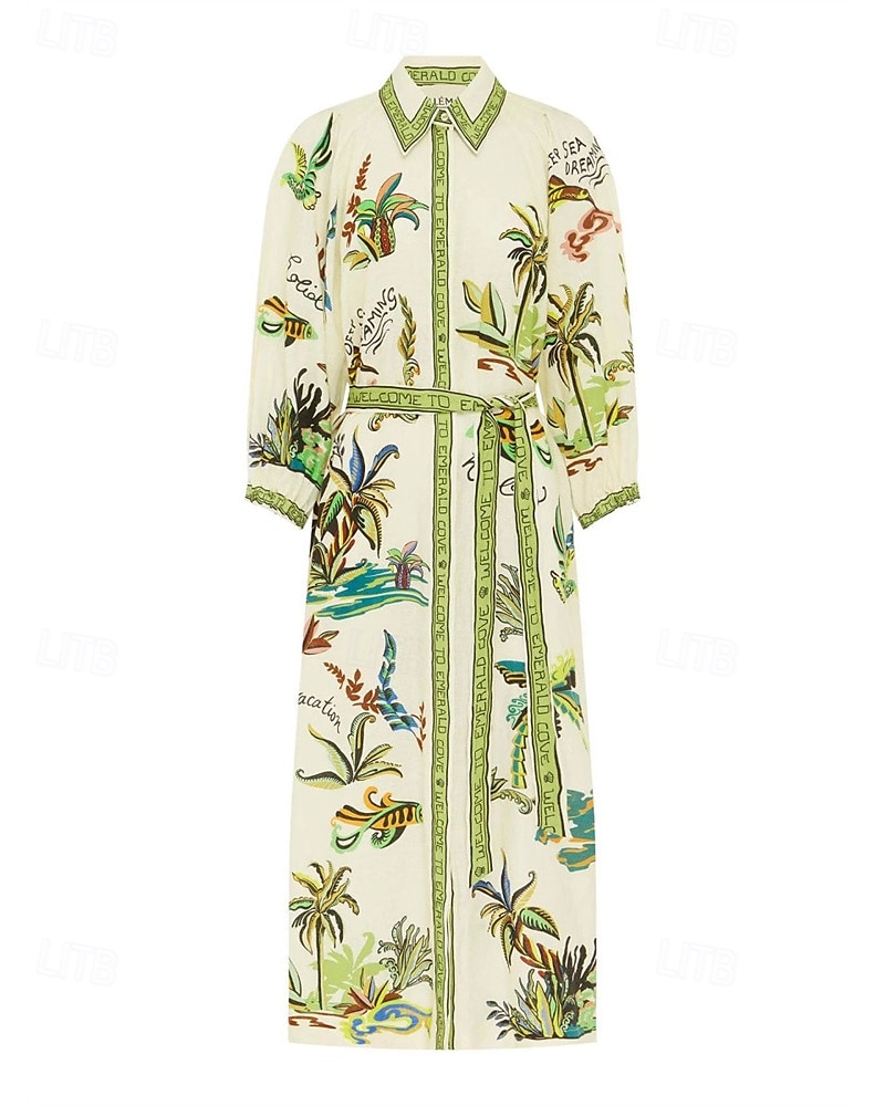 Femmes Robe Longue Maxi Robe Robes en coton et lin Robe Décontractée Mode Extérieur Soirée Fête Coupe régulière Fleur Manche 3/4 Col de chemise Vert Été de 2025 ? $42.99 –P5