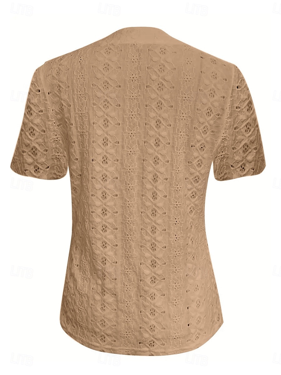 Women's T Shirt Solid Color Plain Basic Modern Casual Short Sleeve V Neck Regular Tops Daily Weekend Buttons Eyelet White Wine Fuchsia Khaki Summer 2025 - $19.99 –P4