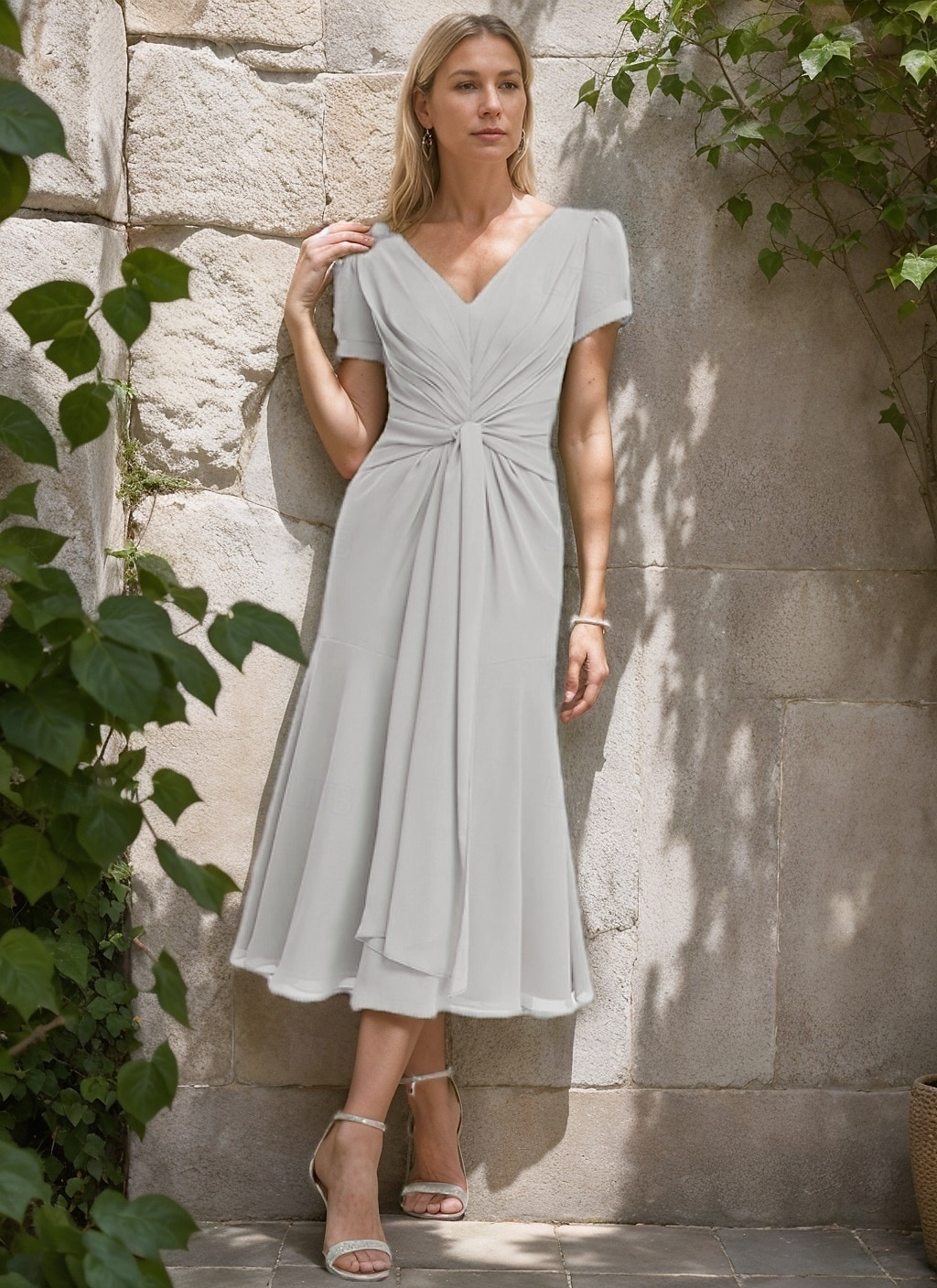 Ligne A Robe de Mère de Mariée  Élégant Simple Minimaliste Col en V Longueur thé Chiffon Manche Courte avec Plis Froncé 2025 de 2025 ? $125.99 –P6