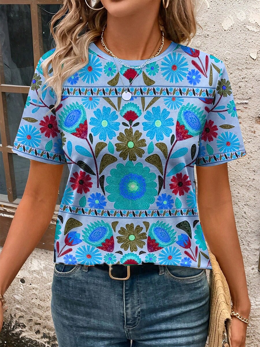 Dame T skjorte Blomstret Grafisk Planter Årgang Stilfull Klassisk Kortermet Crew-hals Vanlige topper Daglig Helg Trykt mønster Blå Lilla Oransje Grønn Sommer 2025 - $19.99 –P6