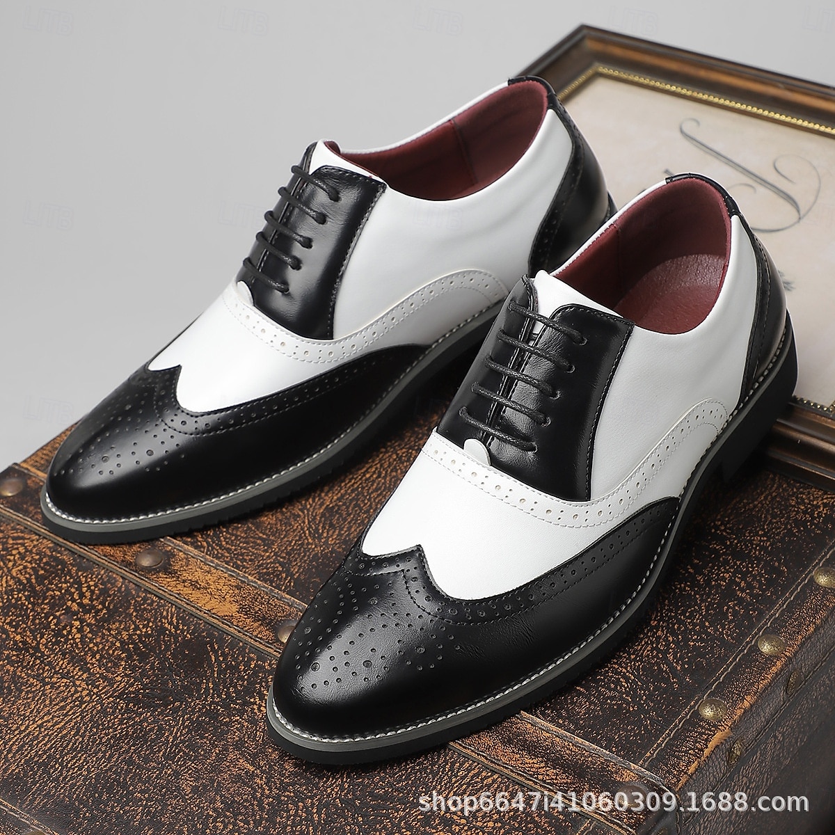 Herrskor i svart och vitt med wingtip-mönster i oxford-stil, Gatsby-inspirerade äkta läderskor i brogue-stil för jazzfester på 1920-talet, vintagebröllop och formella kvällsevenemang 2025 - $42.99 –P3