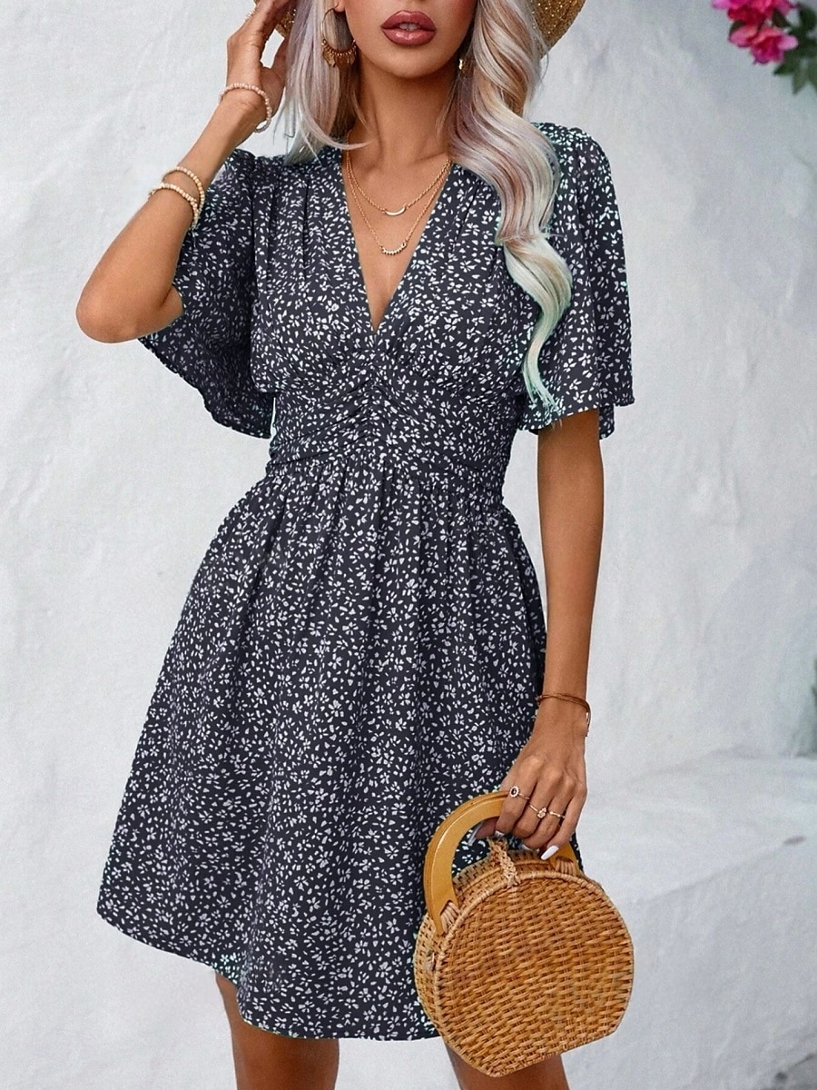 Damskie Sukienka mini Sukienka A line Codzienny Na zewnątrz Wyjściowe Luźny / a Kwiaty Krótki rękaw W serek Czarny Rumiany róż Niebieski Fioletowy Lato 2025 - $31.99 –P9