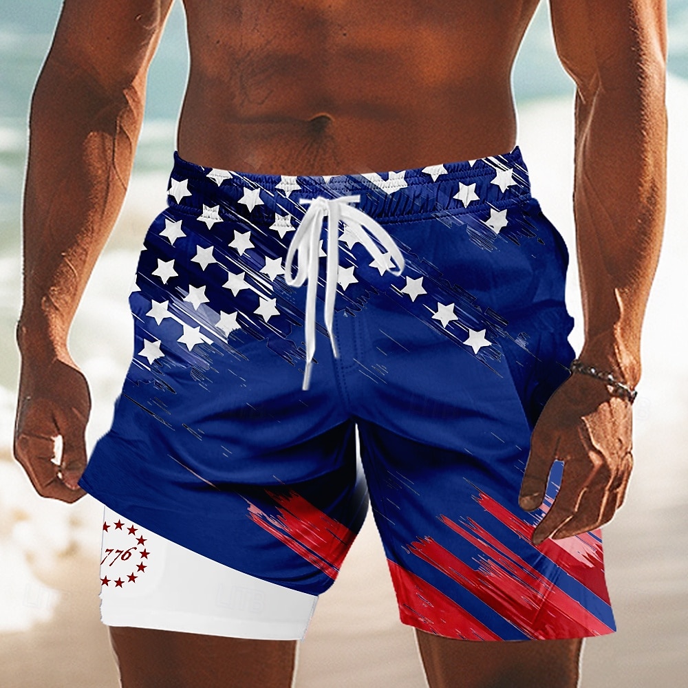 Independence Day Men's US Flag Patriotic Fourth of July Lined Shorts 2 in 1 Board Shorts Swim Trunks Mid Waist Holiday Side Pockets With Compression Liner Elastic Drawstring Waist Designer Clothing 2025 - $21.99 –P5