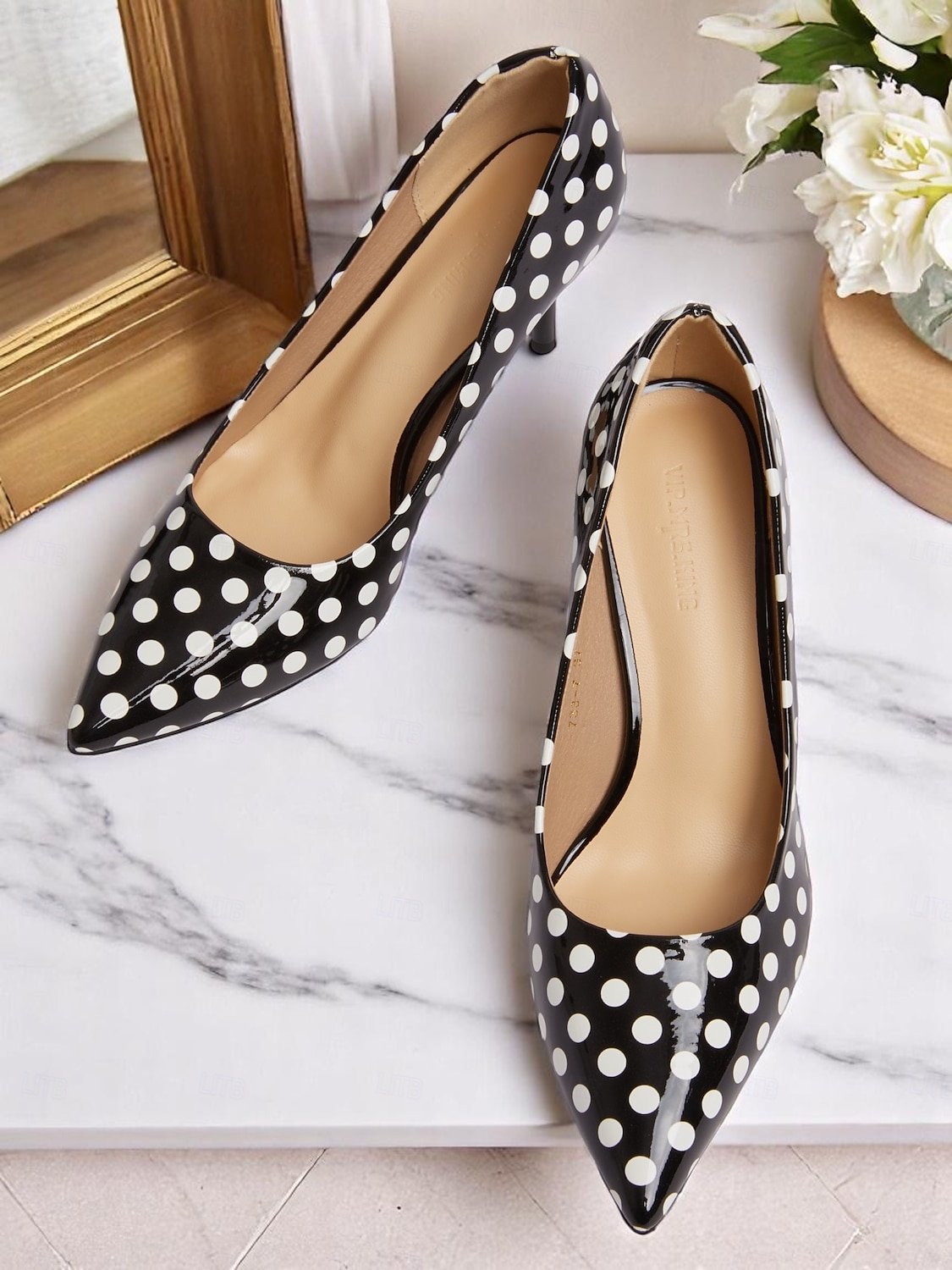 Damenpumps mit spitzer Zehenpartie und schwarzen und weißen Punkten, Lackleder-Kitten Heels fürs Büro, Partys im Retro-Stil der 1950er und Cocktail-Events 2025 - $29.99 –P4