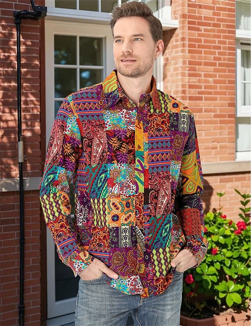 Retro / vintage Boho 1970 Koszula Hipisowskie Niejednolita całość Psychodeliczny Strój na bal maskowy Męskie Halloween Karnawał taniec uliczny Impreza w stylu retro Festiwal Dla dorosłych Koszula 2026 - $27.99 –P2