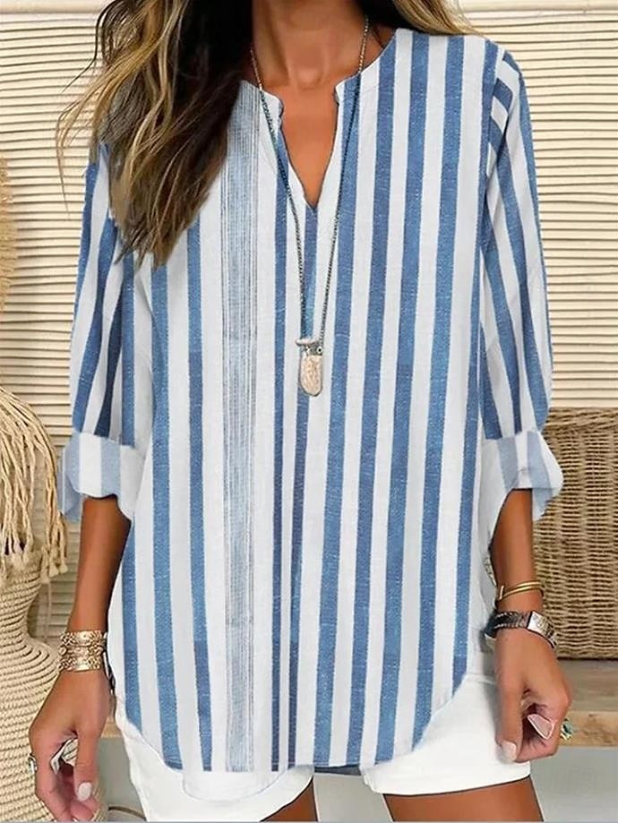Per donna Camicia Camicia in cotone e lino Blusa Grafico A righe Quotidiano Hawaiano Affari Manica Lunga Scollo a V Top Regolari Lavoro Quotidiano Ferie Bottoni Stampato Blu Grigio Azzurro Estate del 2025 a $24.99 –P2