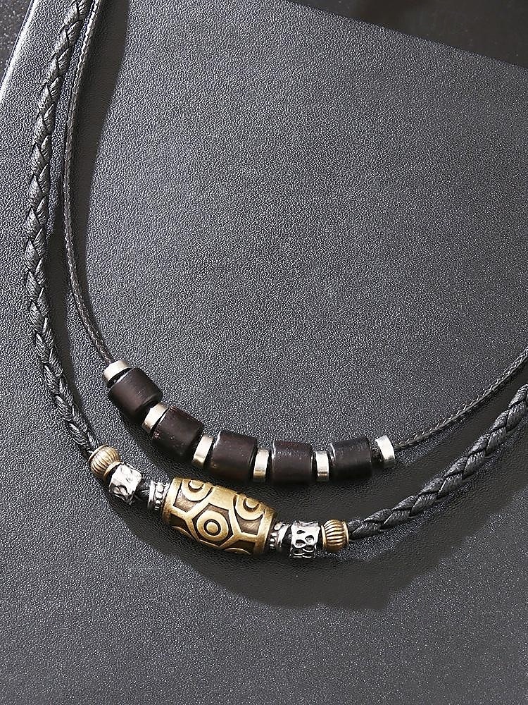 Σετ ανδρικού κολιέ με πλεγμένο δέρμα – boho tribal στυλ με κράμα και ξύλινες χάντρες για casual ντύσιμο, φεστιβάλ και ταξίδια 2025 - $9.99 –P6