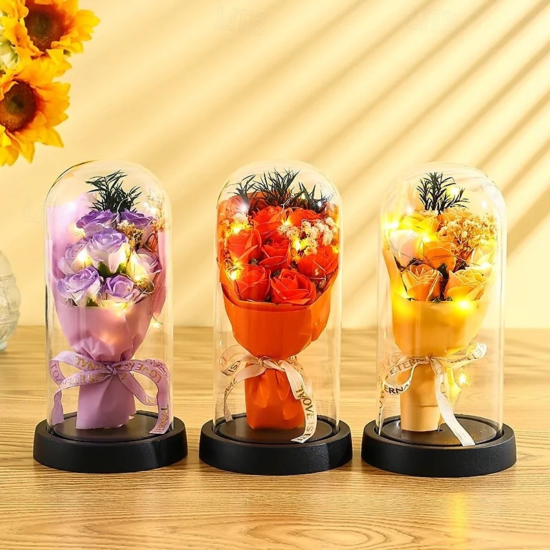 El ramo de rosas eternas, regalo para mamá, flores de jabón preservadas en cúpula de vidrio con luz, decoración de cumpleaños del día de la madre para mujeres 2026 - $15.99 –P5