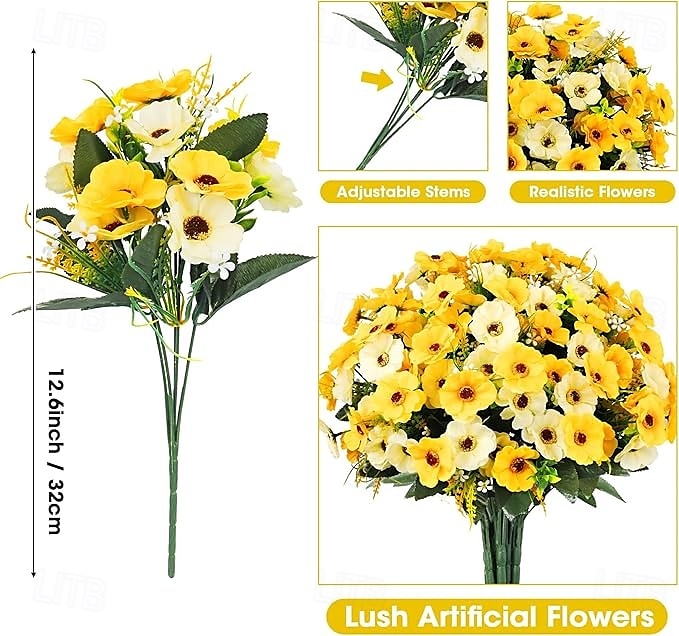 12 חבילות פרחים מלאכותיים לקישוט חוץ פרחי משי חינניים מזויפים צמחים מלאכותיים עמידים בפני UV לקיץ גינה מרפסת חלון חדר עיצוב הבית צהוב 2026 - $35.99 –P4