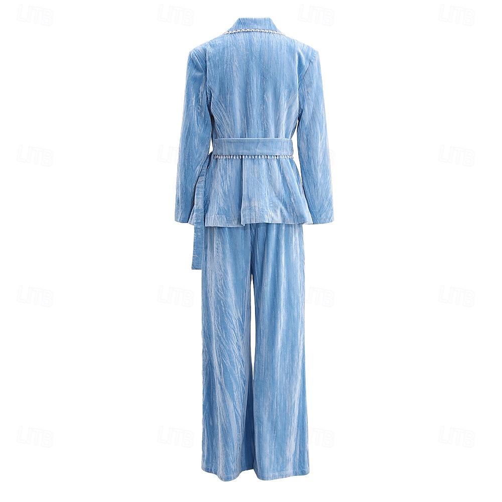 Blue Velvet Pantsuit Mother of the Bride Suit Elegant Minimalist Notched Lapel Floor Length Long Sleeve with Pearls 2025 - $129.99 –P4